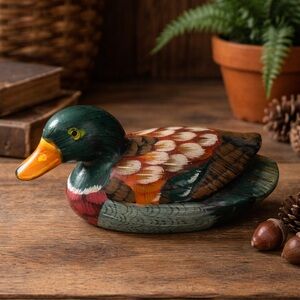 Vintage Hand Carved Wooden Duck Figurine Folk Art Painted Decor | Collectable